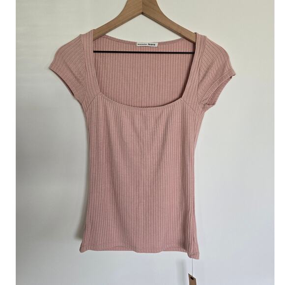 Reformation Bardot Pink Ribbed Knit Square Neck Short Sleeve Top Sz Small - Picture 1 of 3